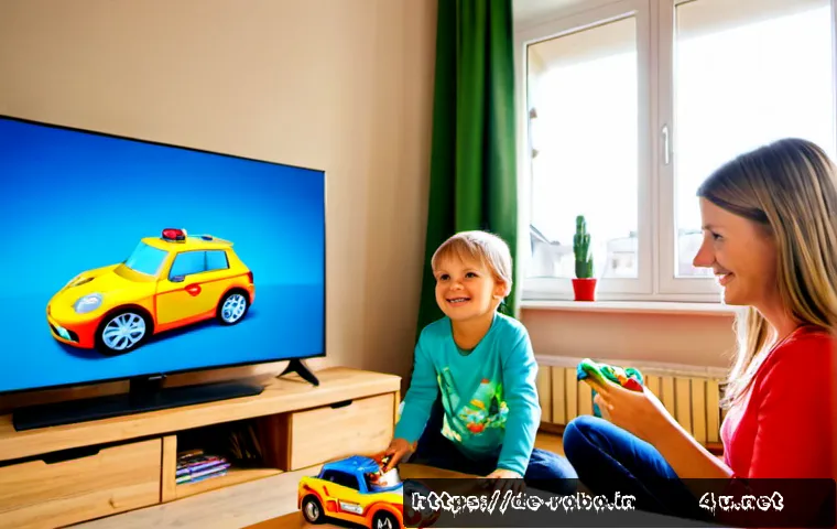 로보카폴리와 키즈 콘텐츠 마케팅 - Photorealistic German family living room, a cheerful preschool child and parent watching colorful ge...