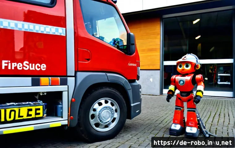 Home 17 로보카폴리 로이 특징 - Photorealistic friendly red firefighting rescue robot vehicle with expressive windshield eyes, sturd...