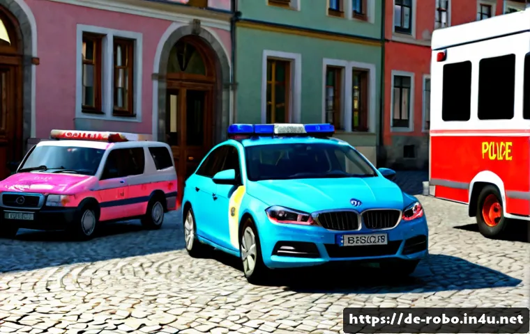 Home 17 로보카폴리 캐릭터 성격 분석 - Photorealistic child-friendly scene of an original blue police rescue car with expressive windshield...